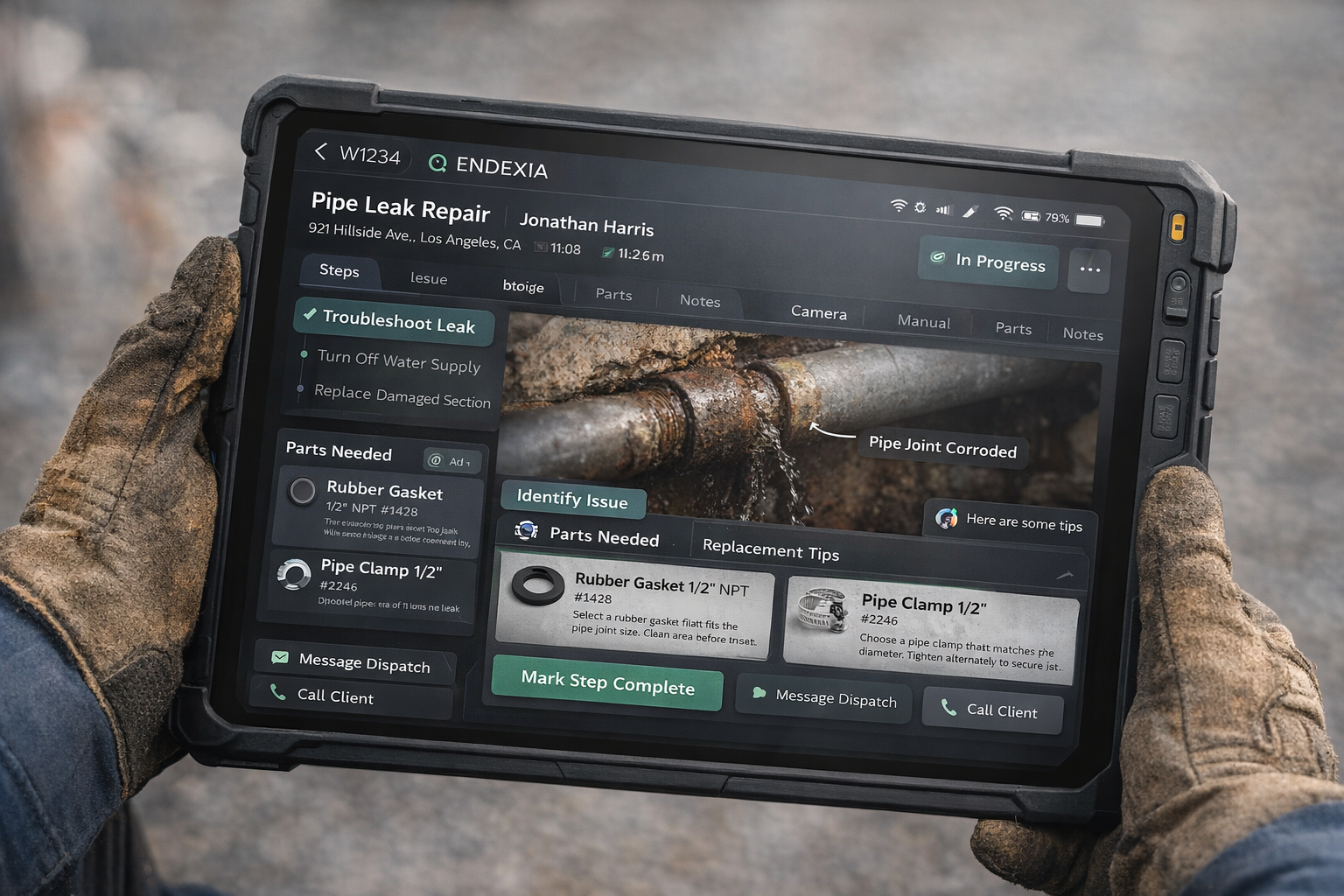 Endexia field workflow interface with guided steps and job context.