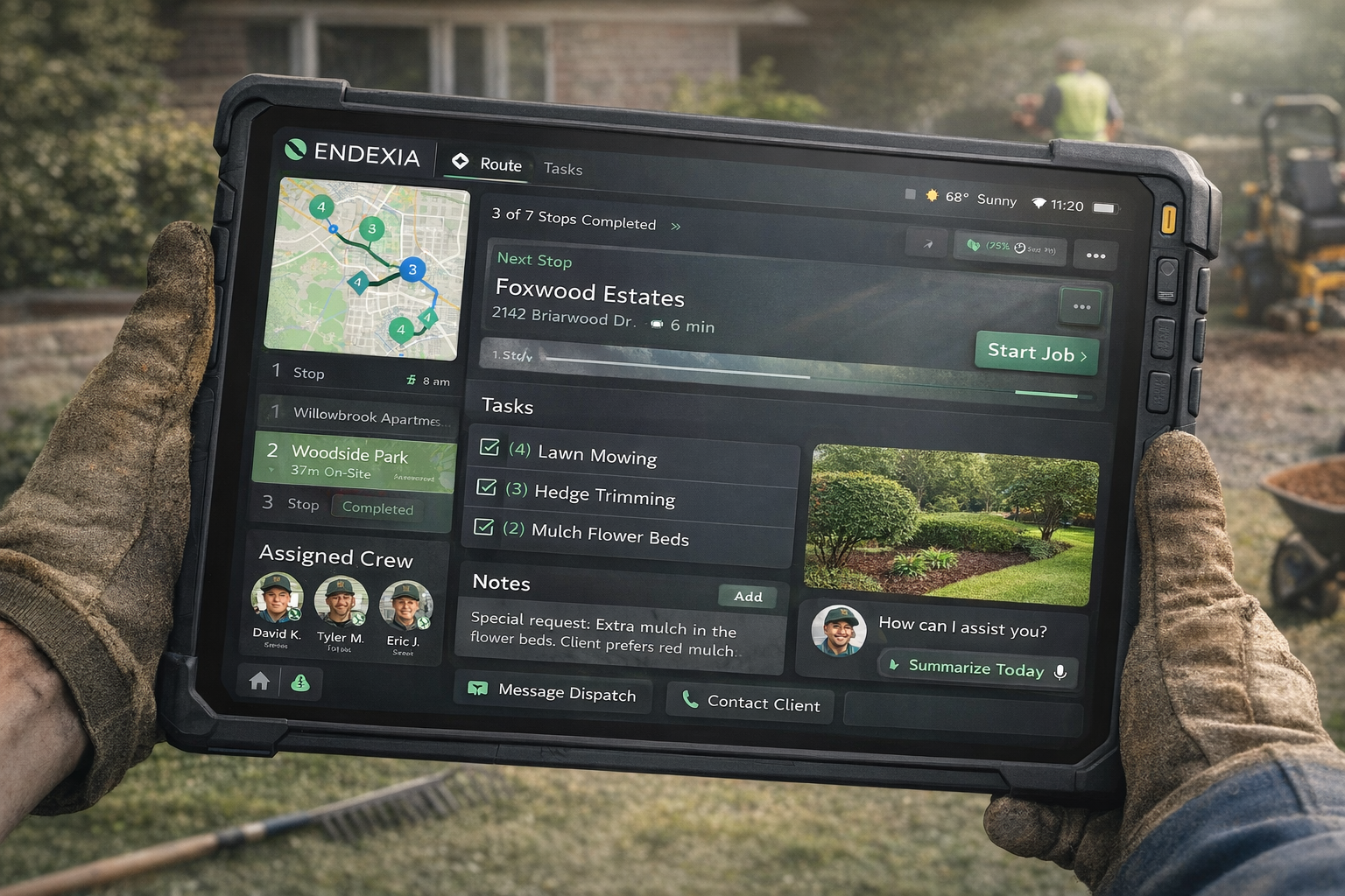 Endexia interface showing route planning, assignments, and workflow visibility.
