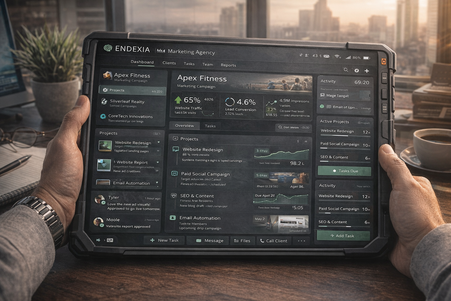 Endexia interface showing customer follow-through, projects, and performance metrics.