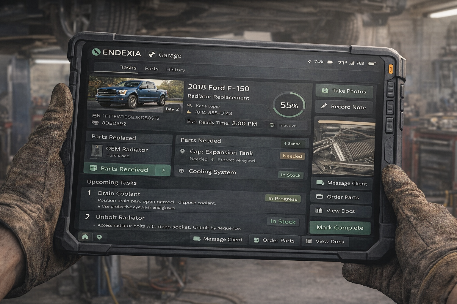 Endexia Ease interface showing a live service workflow for an owner-led operation.