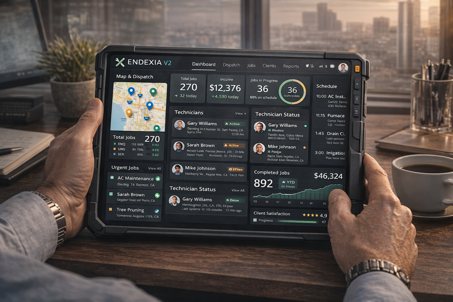 Endexia command view showing dispatch, schedule, technician activity, and revenue.